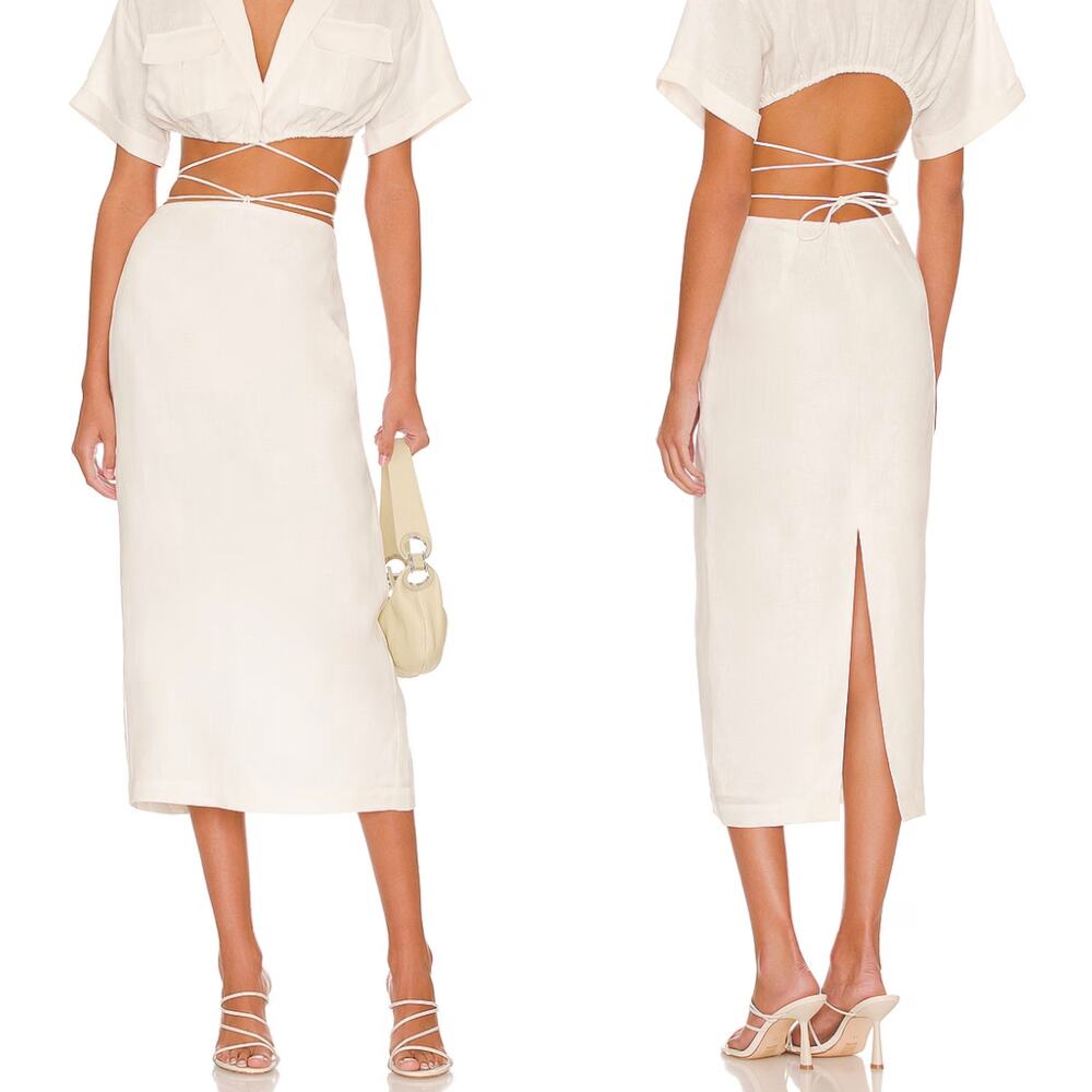 L'Academie Julia‎ Linen Midi Skirt in White Size Small